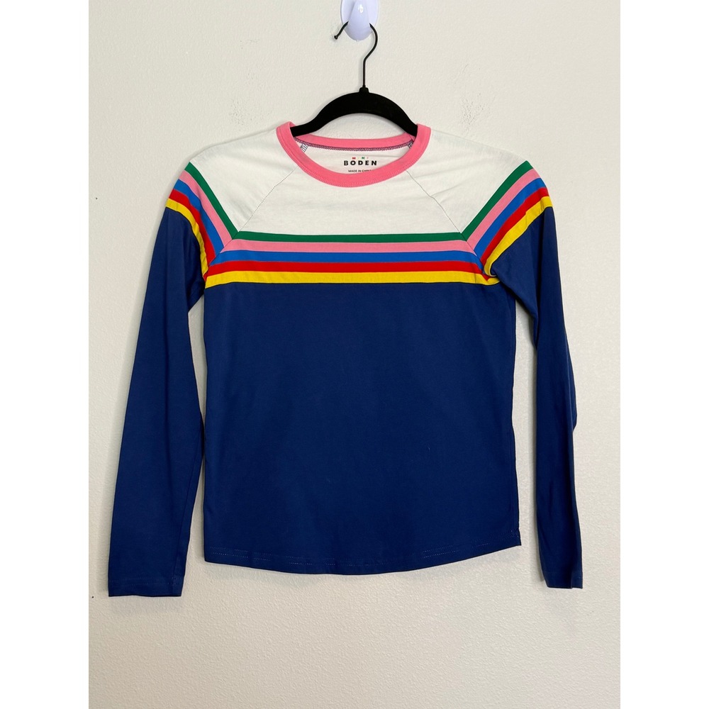 Mini Boden Girls Rainbow Stripe Colorblock Long Sleeve Cotton Tee Navy 9-10Y